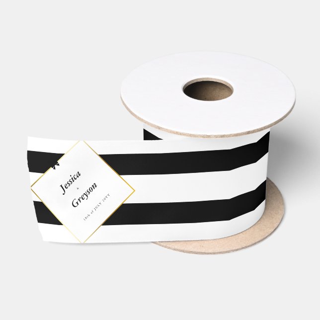 Ruban En Satin Elégant Black White Stripe Gold Frame Mariage Cade (Bobine)