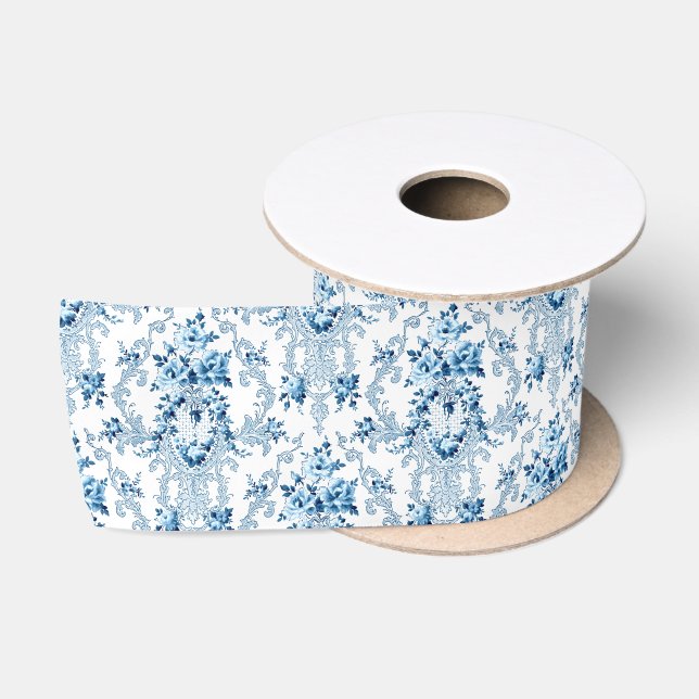 Ruban En Satin Elégant bleu et blanc Rococo Floral (Bobine)
