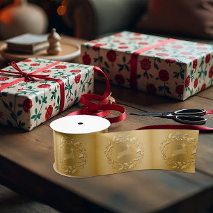 Ruban En Satin Elégant Luxe Golden Reindeer et Wreath Noël