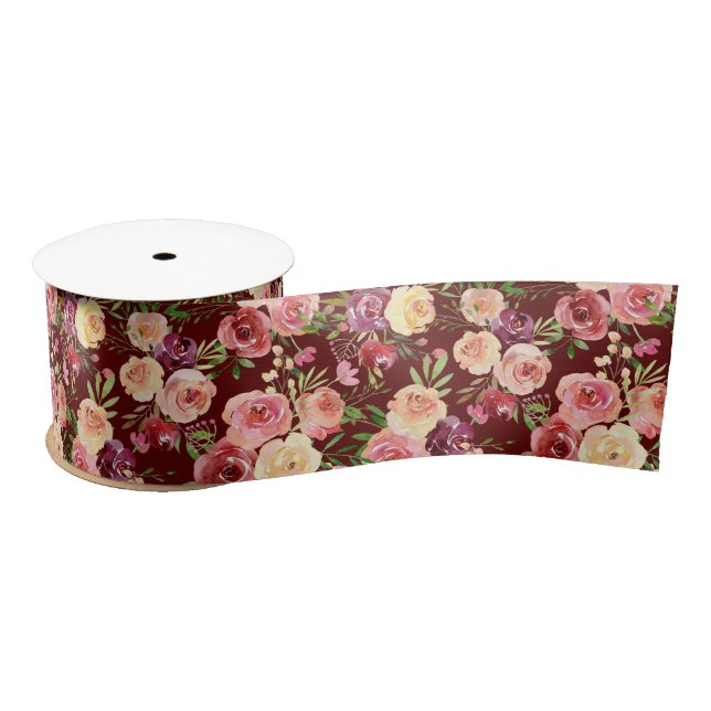 Ruban En Satin Elégant Mariage floral de pivoine bordeaux (Bobine)