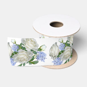 Ruban En Satin Élégant Modèle Floral Blanc Et Bleu