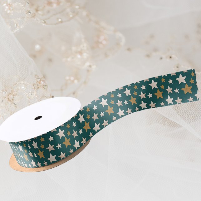 Ruban En Satin Élégant moderne Étoile de Noël Motif Vert (Créateur téléchargé)