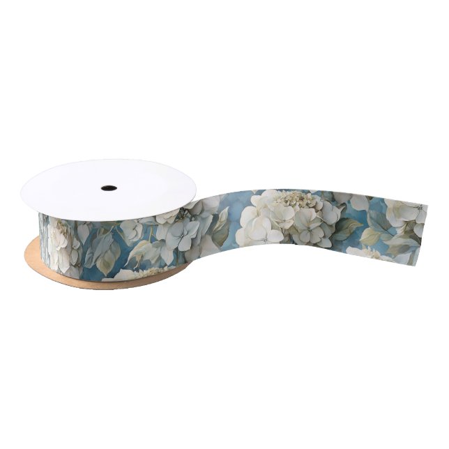Ruban En Satin Elégant moody bleu poussiéreux flores d'aquarelle (Bobine)