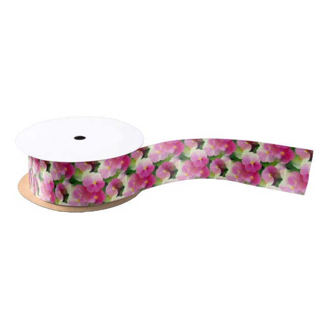 Ruban En Satin Élégant Motif à fleurs rose et blanc Impatiens (Bobine)
