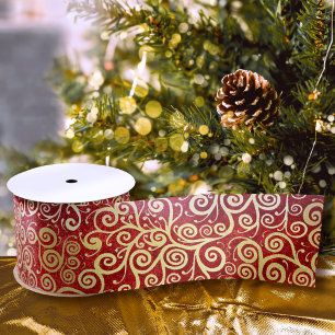 Ruban En Satin Élégant Red & Gold Swirls Motif Boho Noël