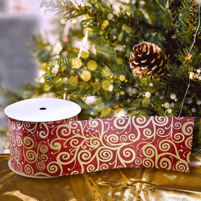 Ruban En Satin Élégant Red & Gold Swirls Motif Boho Noël (Créateur téléchargé)
