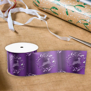 Ruban En Satin Élégant renne et couronnes Noël violet