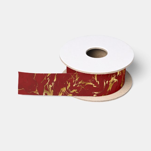 Ruban En Satin Élégant Rouge Or Faux Marbre Noël (Bobine)