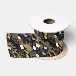 Ruban En Satin Élégant style japonais fleurs noir et or floral