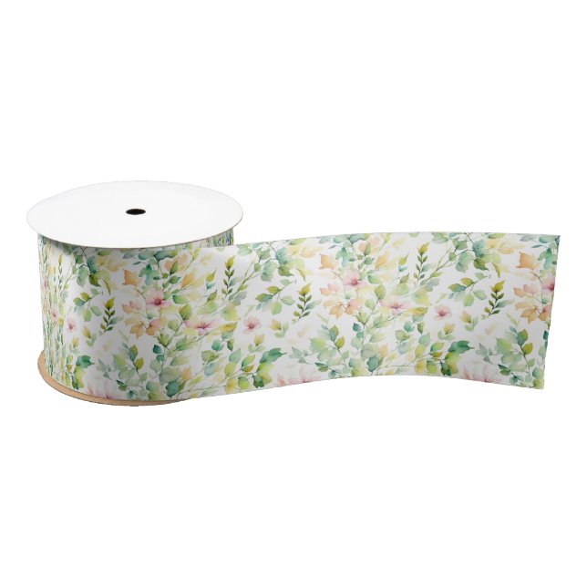 Ruban En Satin Elégant vert fleurs sauvages d'aquarelle (Bobine)