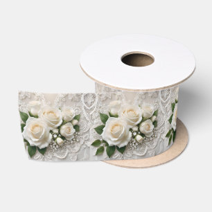 Ruban En Satin Elégante Dentelle Mariage Blanche Et Roses,