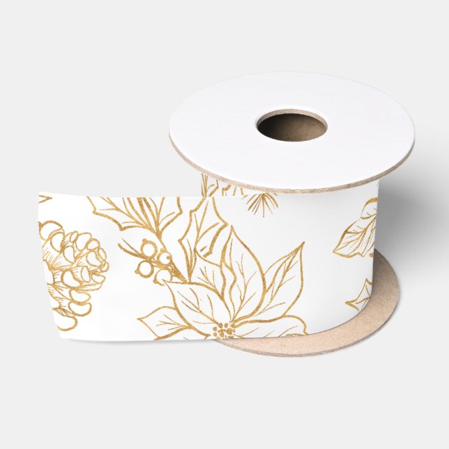 Ruban En Satin Élégante Gold Line Art Noël Floral (Bobine)