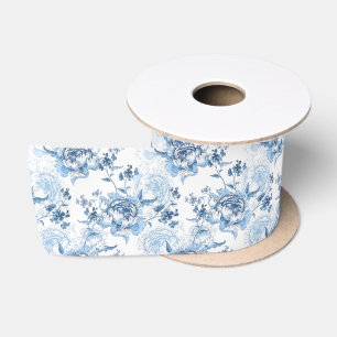 Ruban En Satin Élégantes pivoines gravées en bleu et blanc