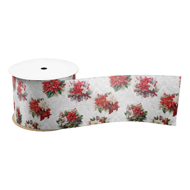 Ruban En Satin Élégantes Poinsettias de Noël et Damas (Bobine)