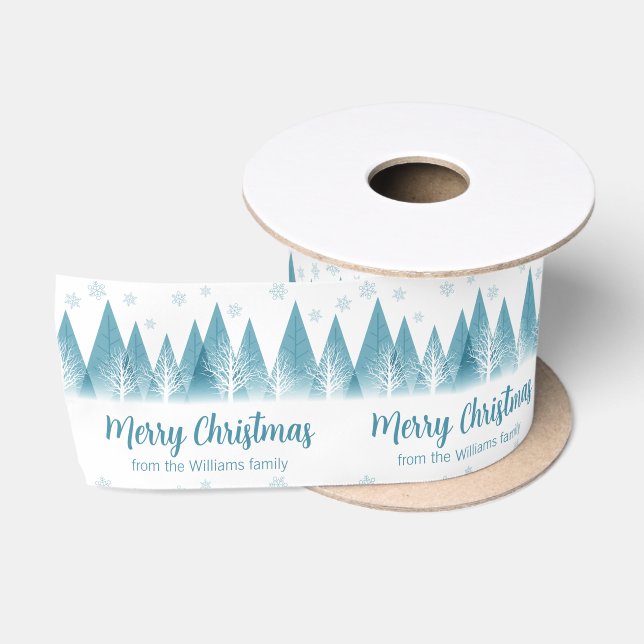 Ruban En Satin Élégants arbres d'hiver personnalisés Bleu Joyeux  (Bobine)