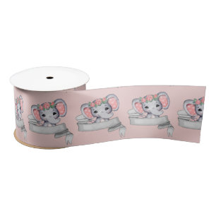 Ruban En Satin Eléphant bébé fille rose et gris Motif rose