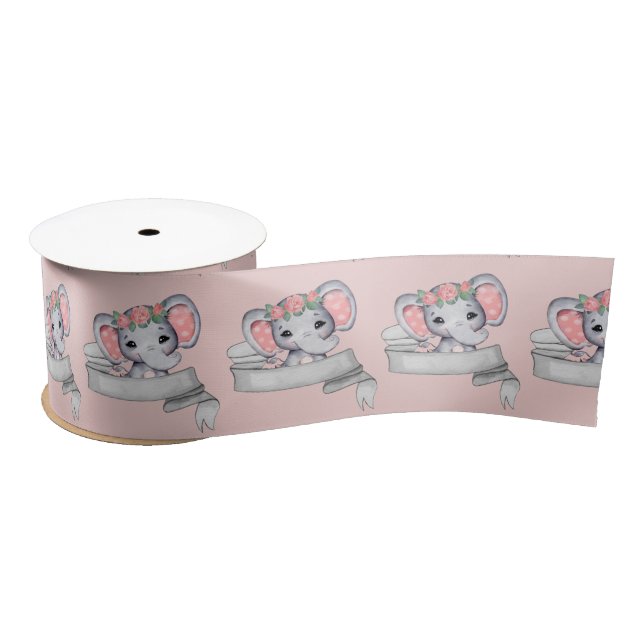 Ruban En Satin Eléphant bébé fille rose et gris Motif rose  (Bobine)