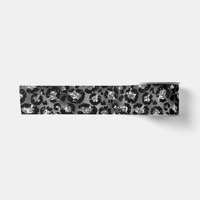Ruban En Satin Empreinte de léopard noir et gris argenté (Devant)