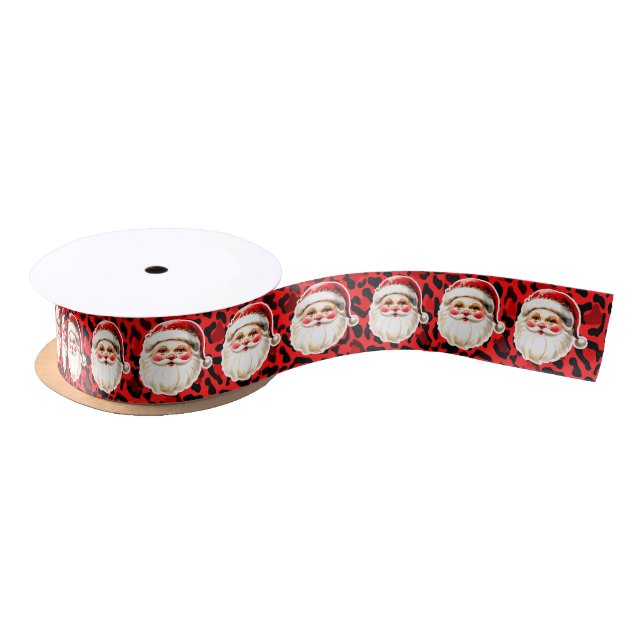 Ruban En Satin Empreinte de léopard rouge Retro Père Noël (Bobine)