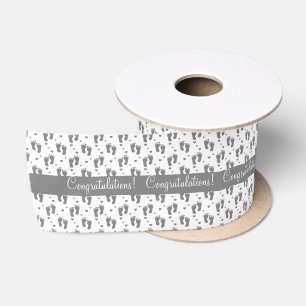 Ruban En Satin Empreintes de pas et coeurs gris de bébé