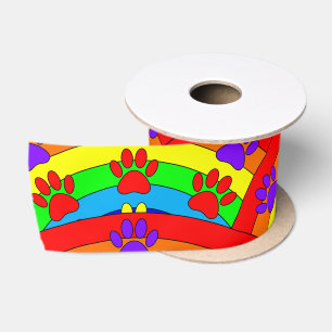Ruban En Satin Empreintes de pattes De Chiens Et Motif Arc-En-Cie