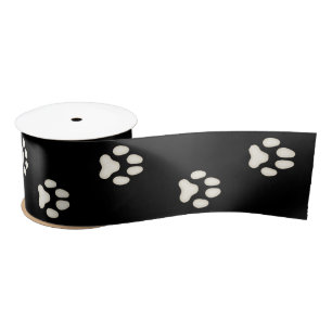 Ruban En Satin Empreintes de pattes de chiens marchant sur Black 