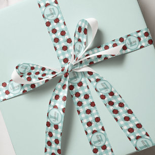 Ruban En Satin En vichy monogramme de coccinelle et turquoise