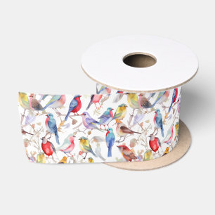Ruban En Satin Enchanteur Aquarelle Vintage Birds Motif