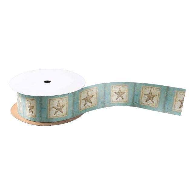 Ruban En Satin Étoiles de mer sur le bois turquoise (Bobine)