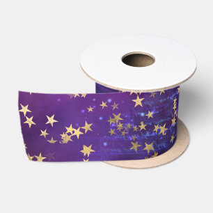Ruban En Satin Étoiles Dorées Célestes sur Fond de Galaxie Pourpr
