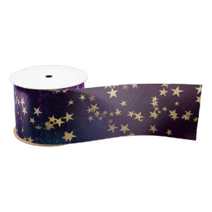 Ruban En Satin Étoiles Dorées Célestes sur Fond de Galaxie Pourpr