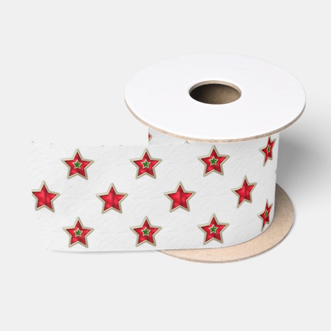 Ruban En Satin Étoiles rouges de Noël en blanc (Bobine)