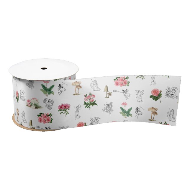 Ruban En Satin Fées Rose Floral & Champignons Motif de fées (Bobine)