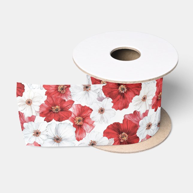 Ruban En Satin Fête des mariées Fleurs blanches rouges (Bobine)