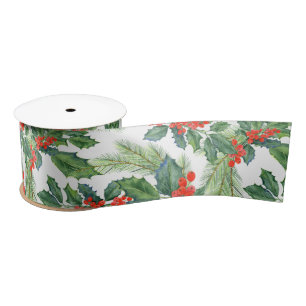 Ruban En Satin Fêtes de Noël Floral aux Baies Rouges