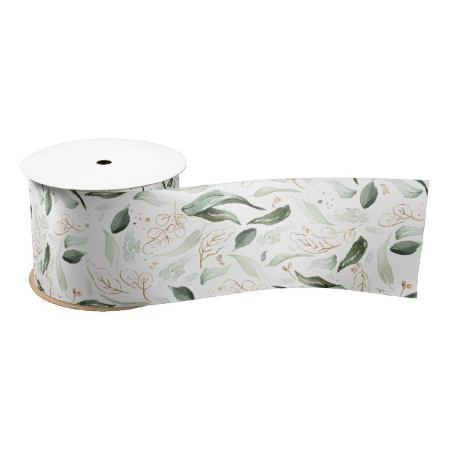 Ruban En Satin Feuillage vert printemps or Elégant blanc (Bobine)
