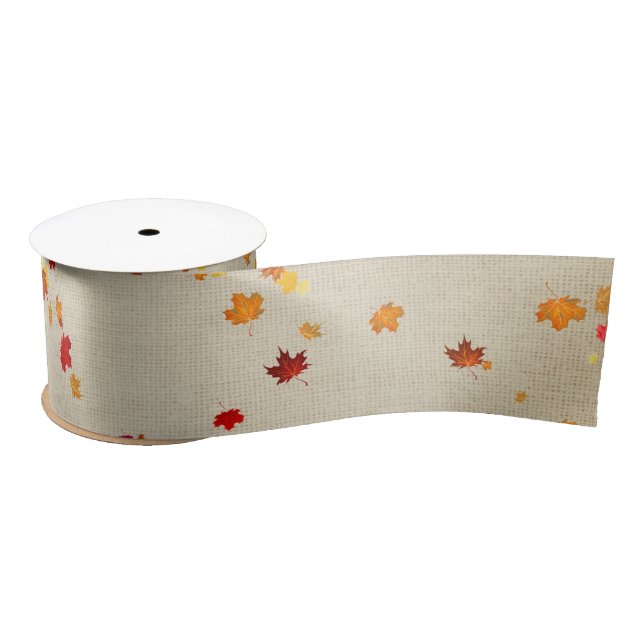 Ruban En Satin Feuilles D'Automne Sur Burlap (Bobine)