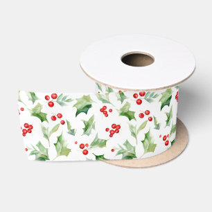 Ruban En Satin Feuilles de houx vert élégant Baies rouges
