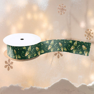 Ruban En Satin Feuilles de Noël vert Vintage Élégant Motif