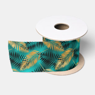 Ruban En Satin Feuilles de palmier sarcelle dorée Motif tropica