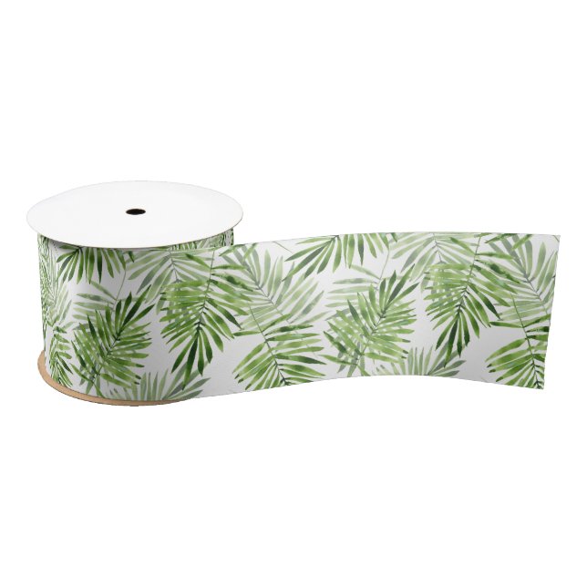 Ruban En Satin feuilles de palmiers verts. motif aquarelle (Bobine)