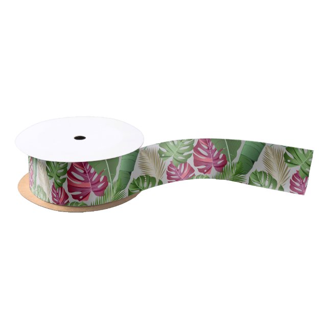 Ruban En Satin Feuilles tropicaux de Monstera et Palm (Bobine)