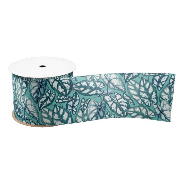 Ruban En Satin Feuilles tropicaux Turquoises bleus (Bobine)