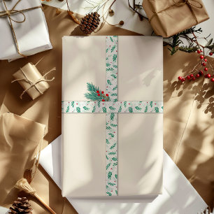 Ruban En Satin Feuilles verts et baies rouges Motif de Noël blanc