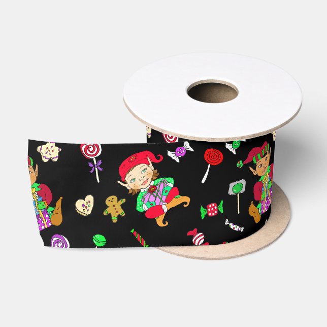 Ruban En Satin Fille et petit elfes et bonbons de Noël Whimsical (Bobine)