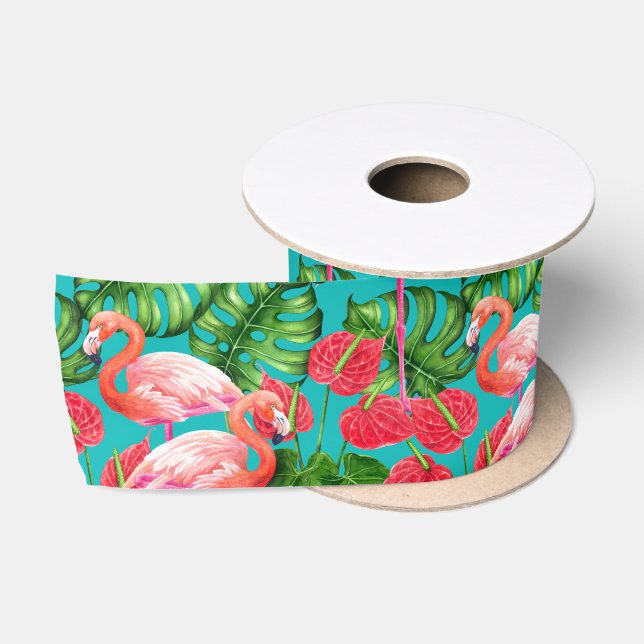 Ruban En Satin Flamant rose et aquarelle du jardin tropical (Bobine)