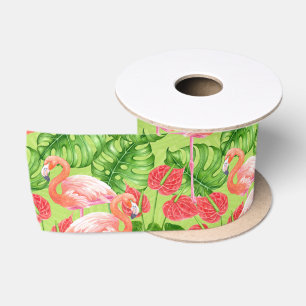 Ruban En Satin Flamant rose et plantes tropicaux