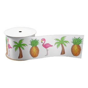 Ruban En Satin Flamant rose tropical Green Palm Tree Pineapple Is