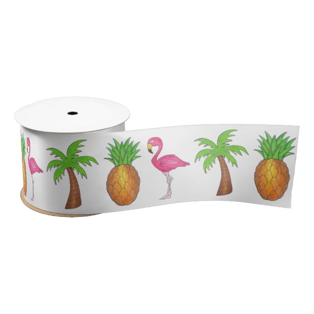 Ruban En Satin Flamant rose tropical Green Palm Tree Pineapple Is (Bobine)