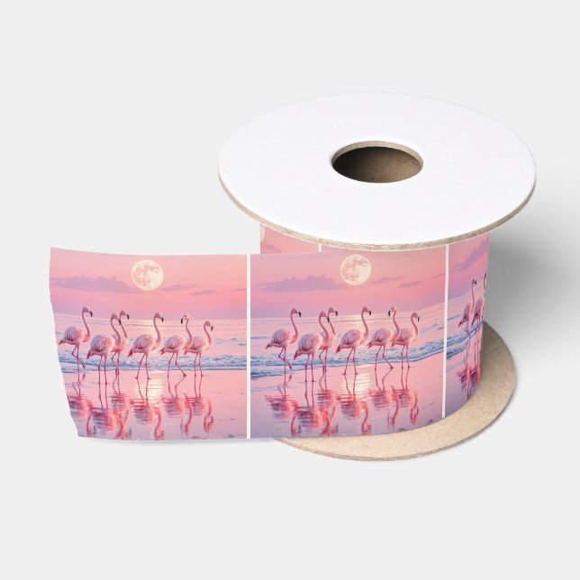 Ruban En Satin Flamants roses roses sur une plage rose (Bobine)